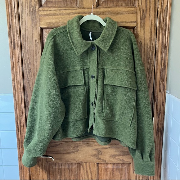 Free People Olive Green Button Up Fleece James Jacket Size L - Picture 2 of 16